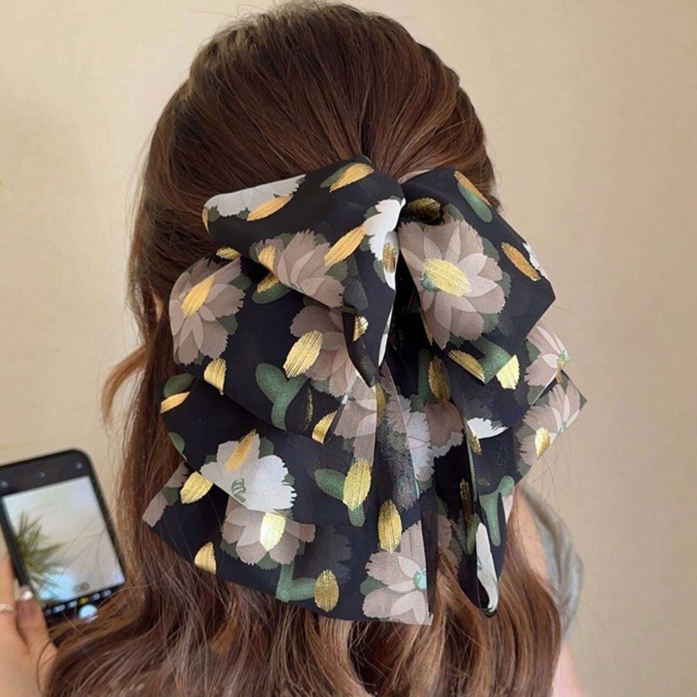 Boho Floral Print Layered Large Bow Hair Clip